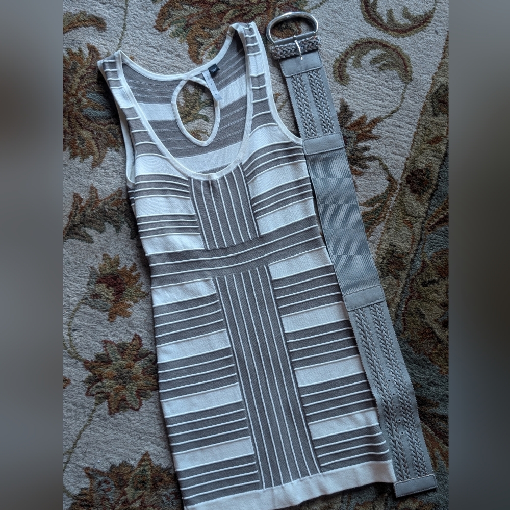PRJCT 5750 lightweight knit dress in gray and cream with gray and cream belt.